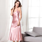Artificial Silk Nightdress Women Summer Cami Dress V-neck Sexy Long Pajamas Home satin pajamas satin sleepwear Danilin