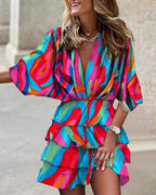 Women Batman Sleeve V Neck Irregular Hem Dress SZEX