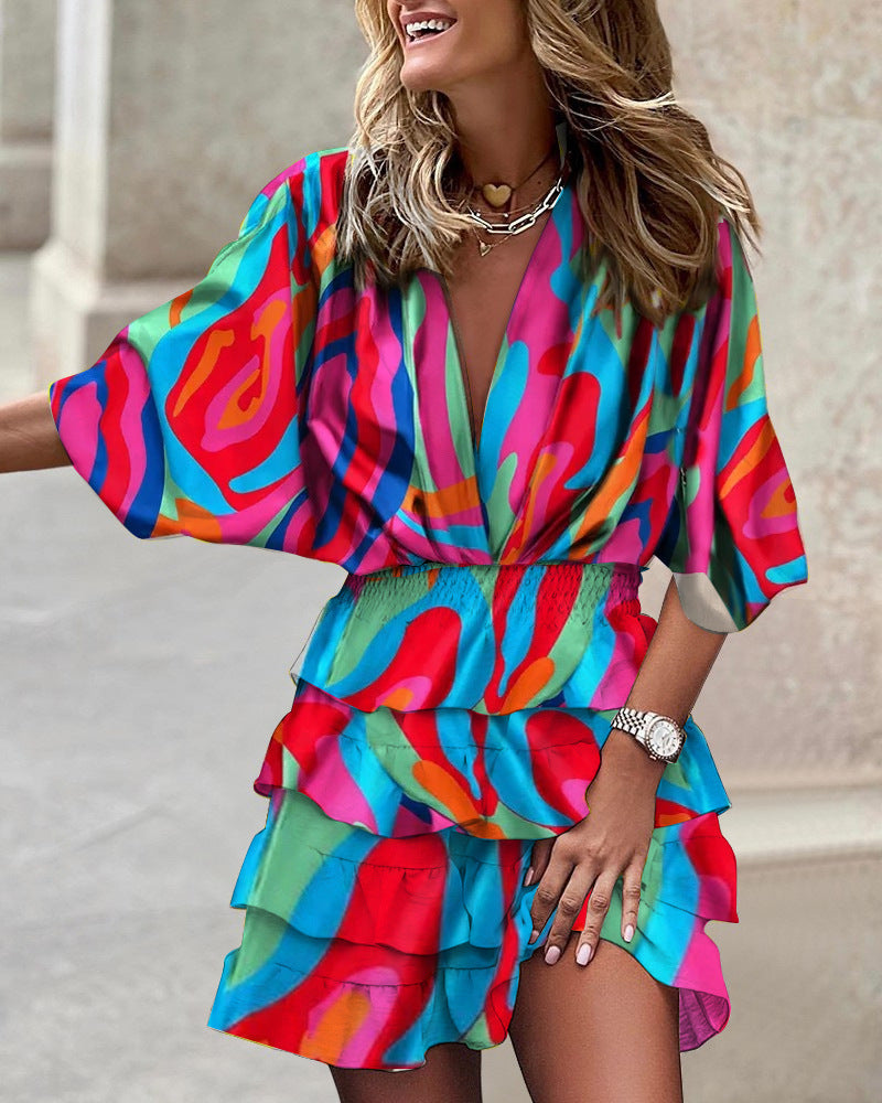Women Batman Sleeve V Neck Irregular Hem Dress SZEX
