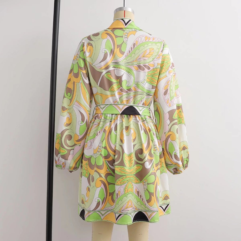 Sources Vintage Printed V neck Waist Controlled Long Sleeves Mid Length Dress Spring Summer Plus Size Slimming Dress BlipBlup