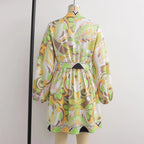 Sources Vintage Printed V neck Waist Controlled Long Sleeves Mid Length Dress Spring Summer Plus Size Slimming Dress BlipBlup