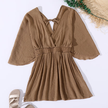 Summer Bikini Beach Dress Sun Protection by the Sea V neck Waist Controlled Long Sleeves Backless Blouse Women