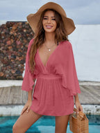Summer Bikini Beach Dress Sun Protection by the Sea V neck Waist Controlled Long Sleeves Backless Blouse Women