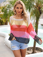 Blusa de verano con recortes, prenda de punto para vacaciones, camisa de manga larga con protección solar, camisa arcoíris