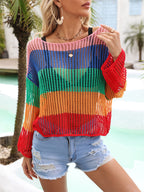 Blusa de verano con recortes, prenda de punto para vacaciones, camisa de manga larga con protección solar, camisa arcoíris
