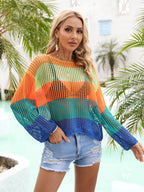 Blusa de verano con recortes, prenda de punto para vacaciones, camisa de manga larga con protección solar, camisa arcoíris