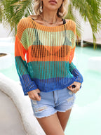 Blusa de verano con recortes, prenda de punto para vacaciones, camisa de manga larga con protección solar, camisa arcoíris