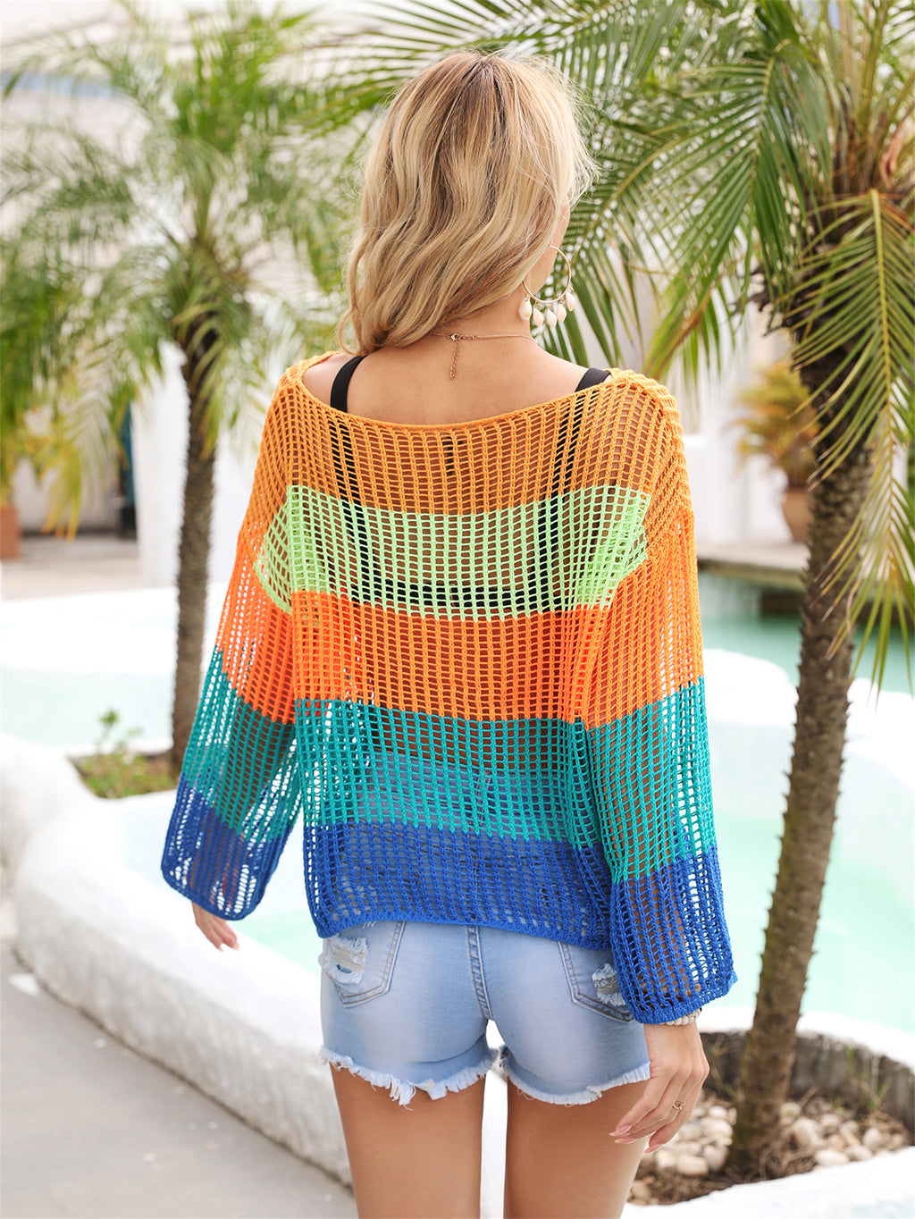 Blusa de verano con recortes, prenda de punto para vacaciones, camisa de manga larga con protección solar, camisa arcoíris