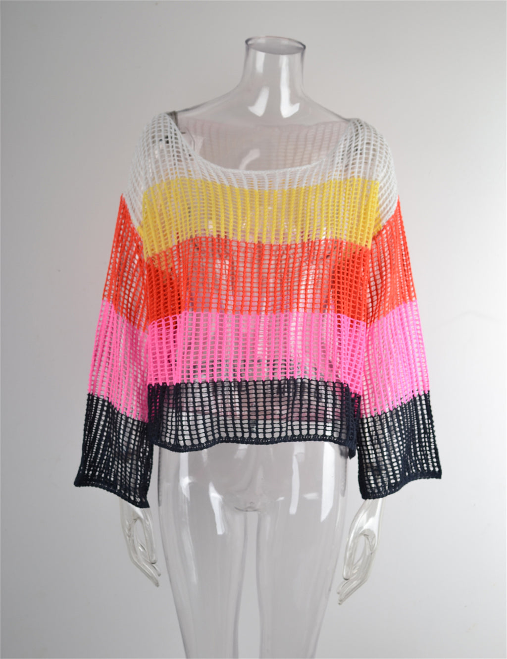 Blusa de verano con recortes, prenda de punto para vacaciones, camisa de manga larga con protección solar, camisa arcoíris