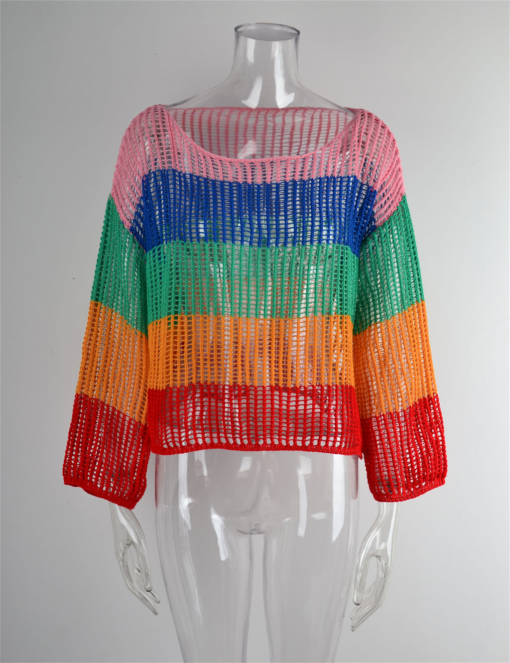 Blusa de verano con recortes, prenda de punto para vacaciones, camisa de manga larga con protección solar, camisa arcoíris