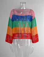 Blusa de verano con recortes, prenda de punto para vacaciones, camisa de manga larga con protección solar, camisa arcoíris