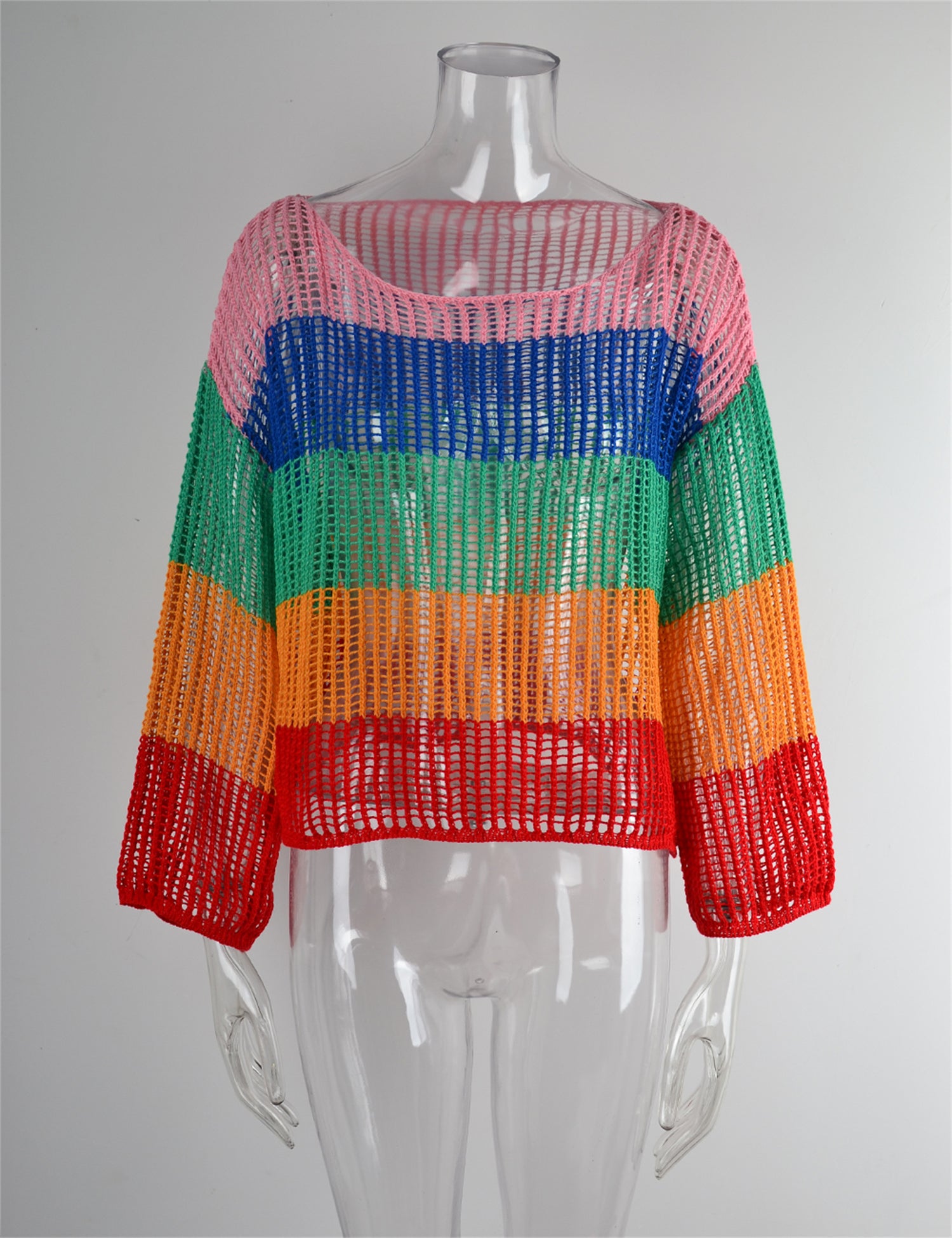 Blusa de verano con recortes, prenda de punto para vacaciones, camisa de manga larga con protección solar, camisa arcoíris