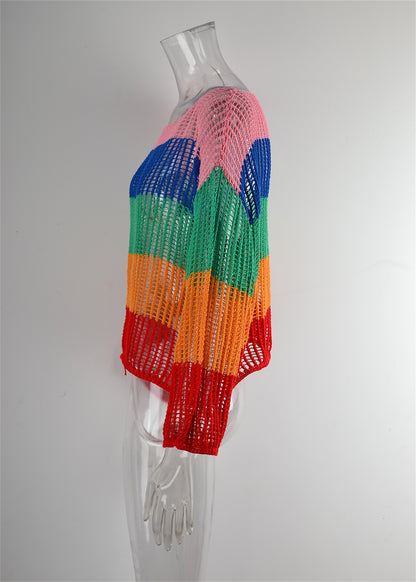 Summer Cutout Blouse Holiday Knitwear Long Sleeve Sun Protection Overshirt Rainbow Shirt