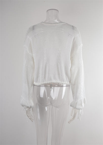Blusa corta con cordón para mujer, blusa de verano tejida para playa, con protección solar