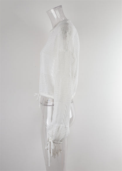 Blusa corta con cordón para mujer, blusa de verano tejida para playa, con protección solar