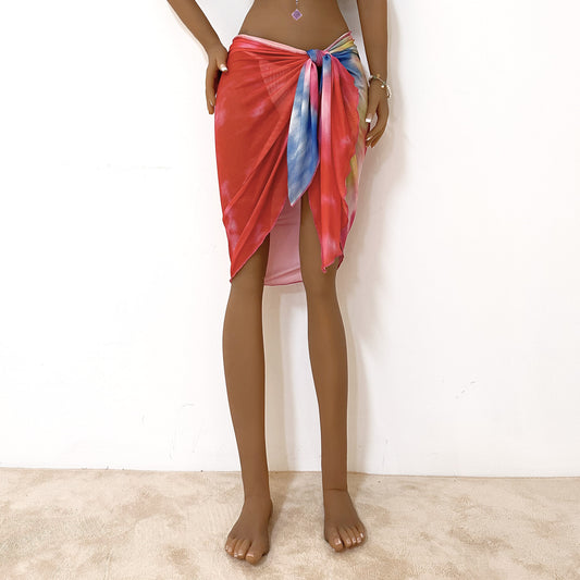 Women Shawl Women Clothing Gradient Color Tie Dye Print Irregular Asymmetric Strap Beach Skirt