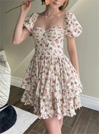 Women Clothing Summer Spicy Puff Sleeve Sexy Pink Printing Waist Dress ZDShop