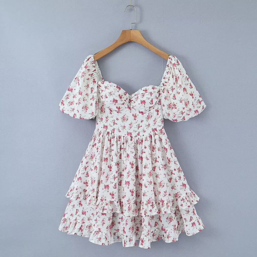 Women Clothing Summer Spicy Puff Sleeve Sexy Pink Printing Waist Dress ZDShop