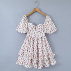 Women Clothing Summer Spicy Puff Sleeve Sexy Pink Printing Waist Dress ZDShop