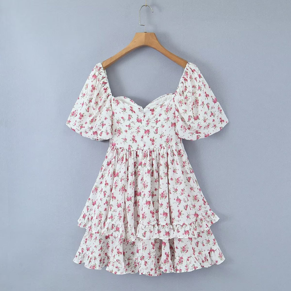 Women Clothing Summer Spicy Puff Sleeve Sexy Pink Printing Waist Dress ZDShop