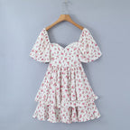 Women Clothing Summer Spicy Puff Sleeve Sexy Pink Printing Waist Dress ZDShop