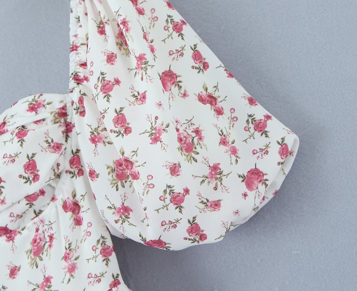 Women Clothing Summer Spicy Puff Sleeve Sexy Pink Printing Waist Dress ZDShop