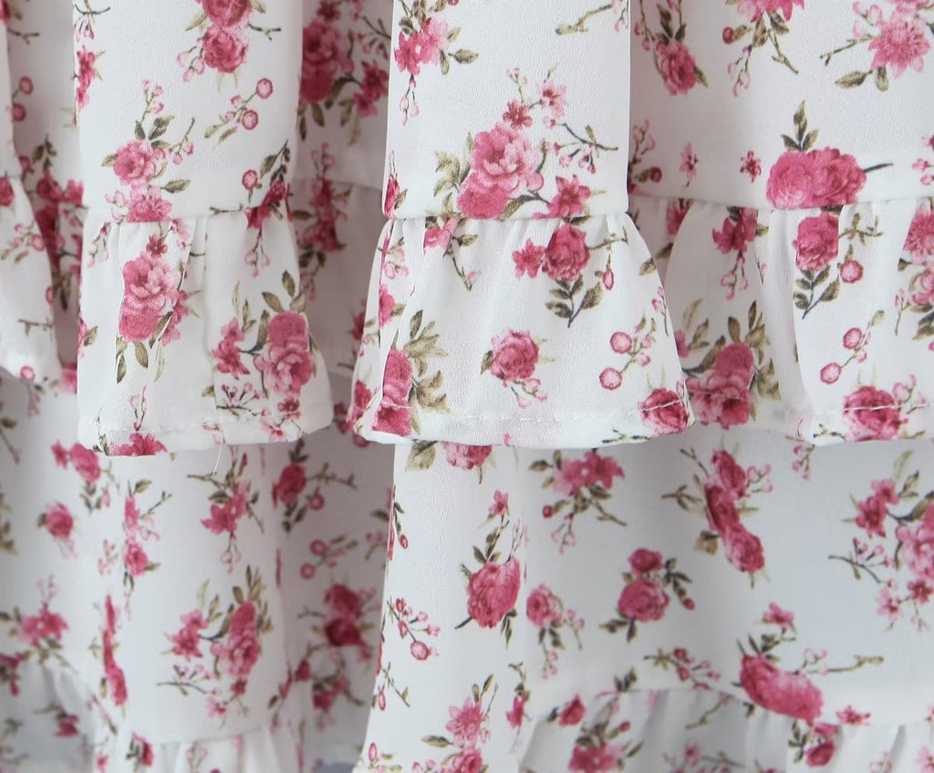 Women Clothing Summer Spicy Puff Sleeve Sexy Pink Printing Waist Dress ZDShop