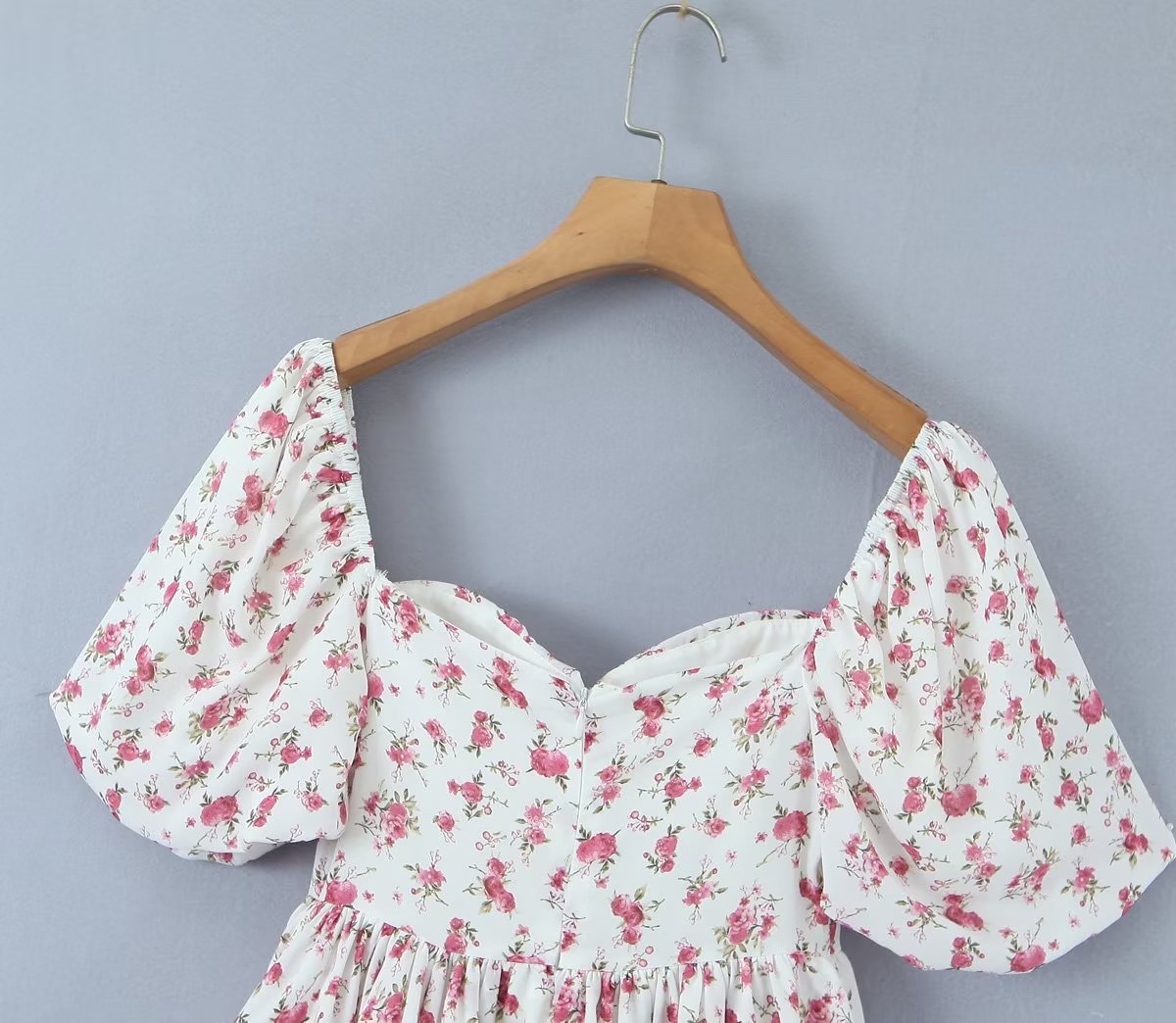 Women Clothing Summer Spicy Puff Sleeve Sexy Pink Printing Waist Dress ZDShop