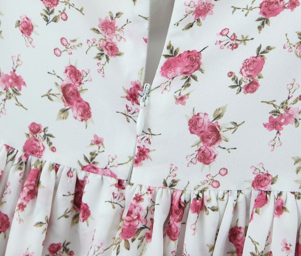 Women Clothing Summer Spicy Puff Sleeve Sexy Pink Printing Waist Dress ZDShop