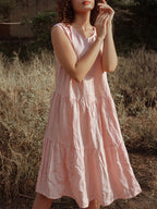 Korean Sweet Dress Summer Linen Solid Color Loose Youthful Small Vest Dress JilSung