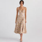 Women Clothing Sexy Backless Slim Fit Strap Dress Vacation Floral Split Mid Length Dress REBECCA