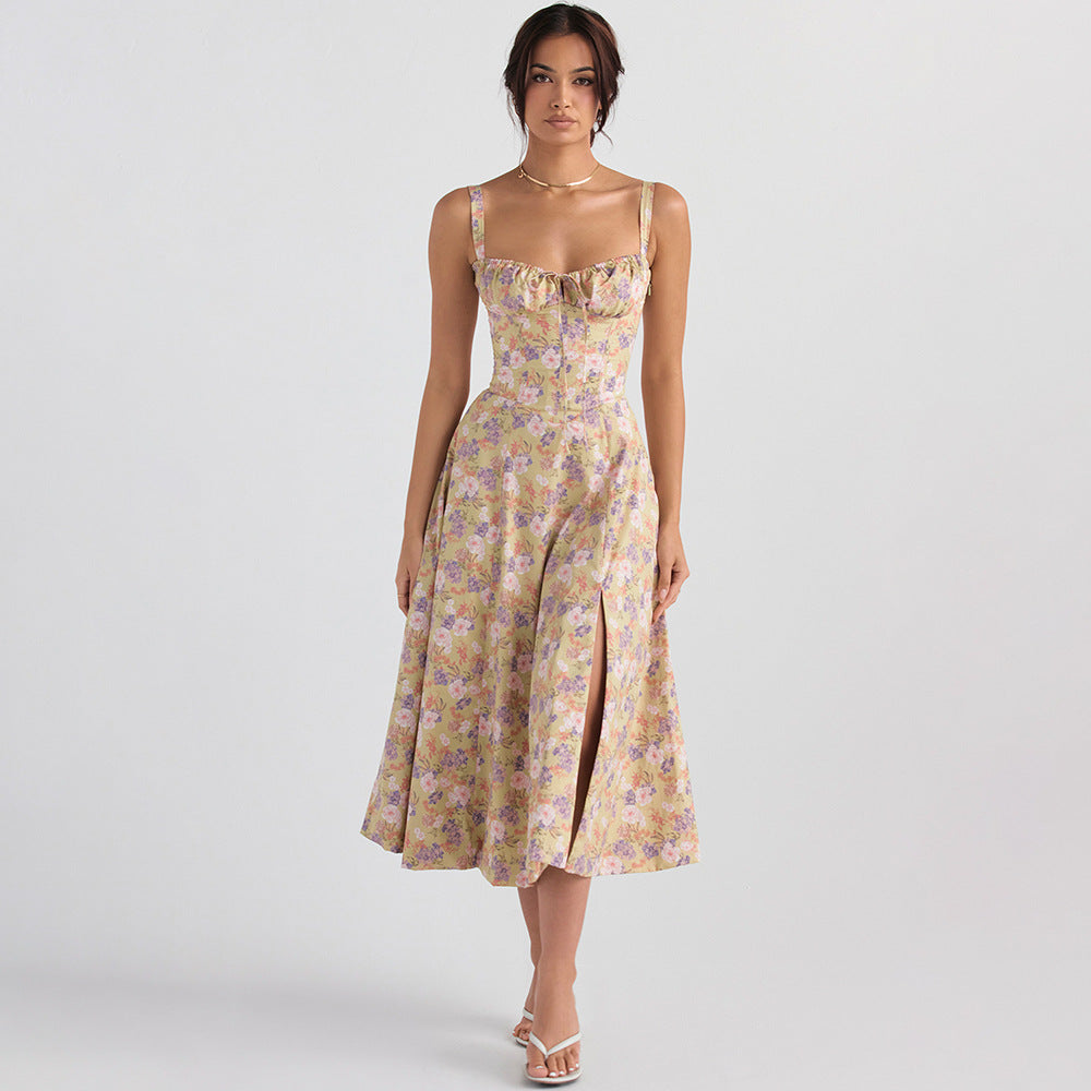 Women Clothing Sexy Backless Slim Fit Strap Dress Vacation Floral Split Mid Length Dress REBECCA