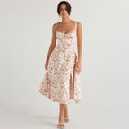 Women Clothing Sexy Backless Slim Fit Strap Dress Vacation Floral Split Mid Length Dress REBECCA