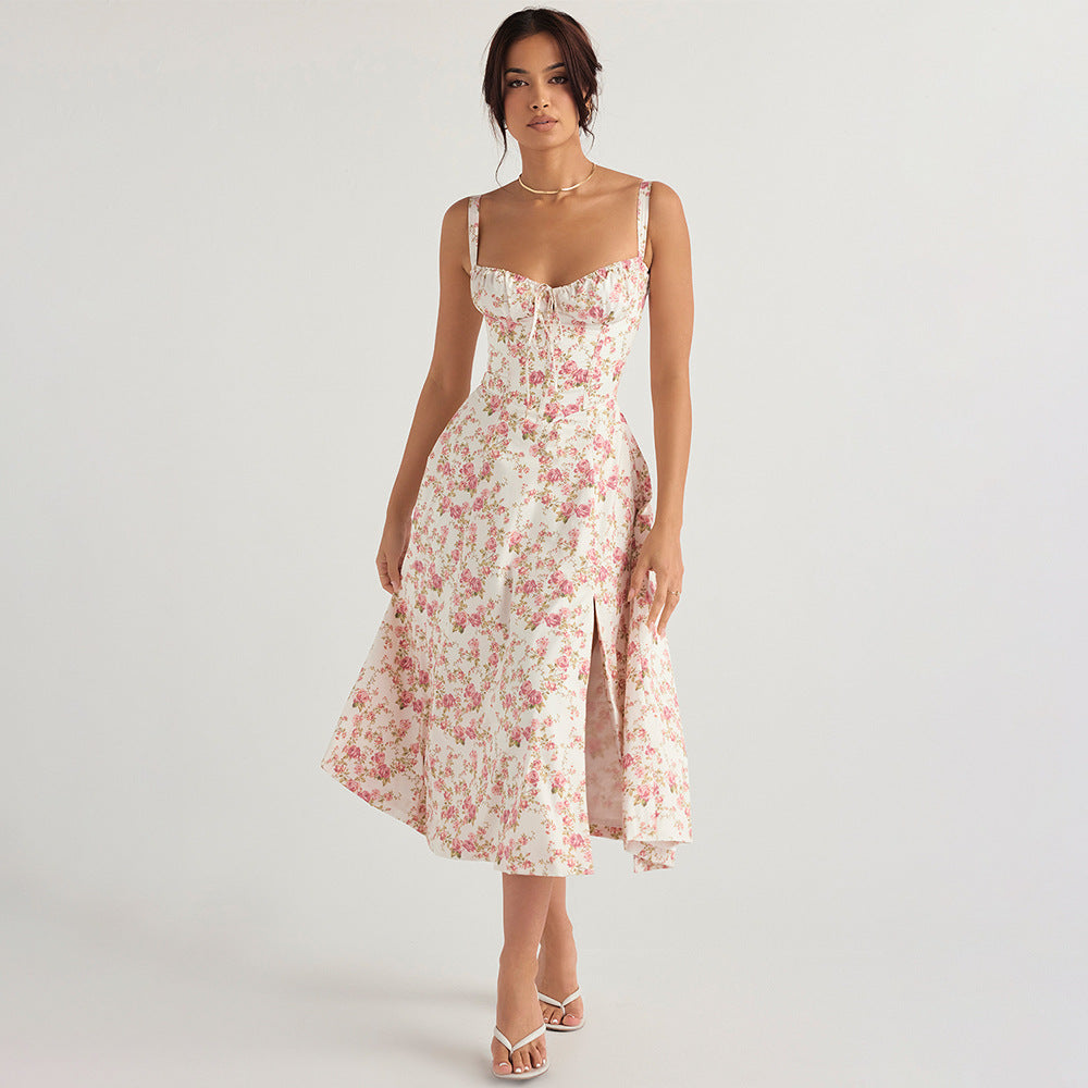 Women Clothing Sexy Backless Slim Fit Strap Dress Vacation Floral Split Mid Length Dress REBECCA