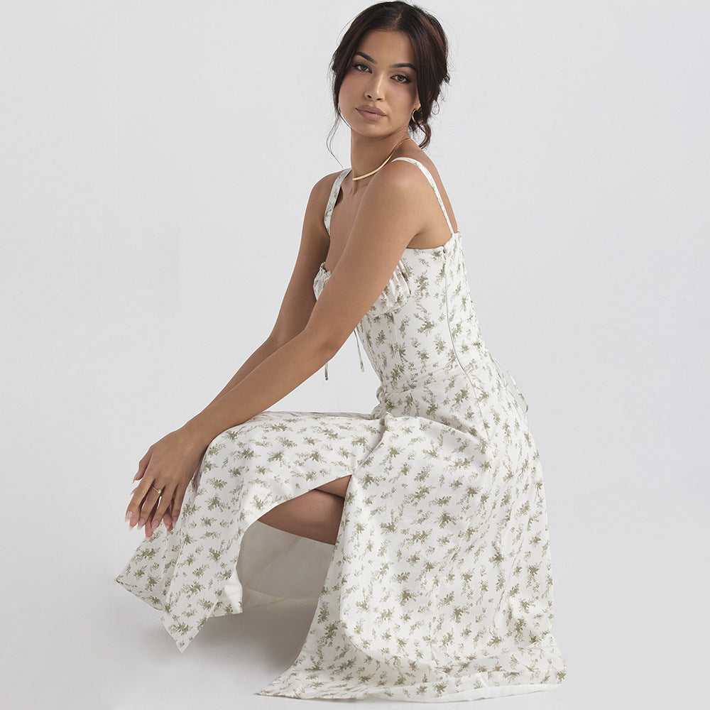 Women Clothing Sexy Backless Slim Fit Strap Dress Vacation Floral Split Mid Length Dress REBECCA