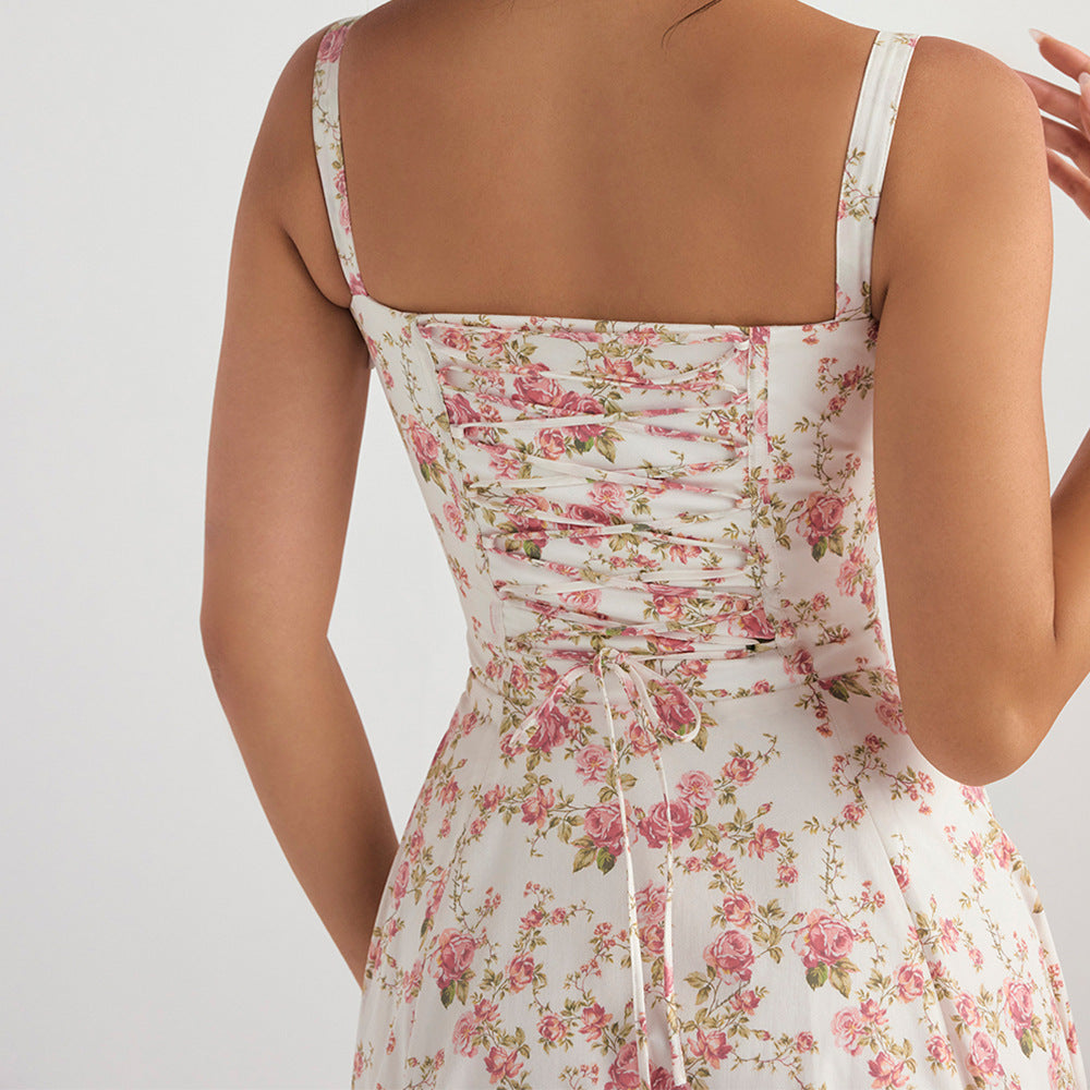 Women Clothing Sexy Backless Slim Fit Strap Dress Vacation Floral Split Mid Length Dress REBECCA