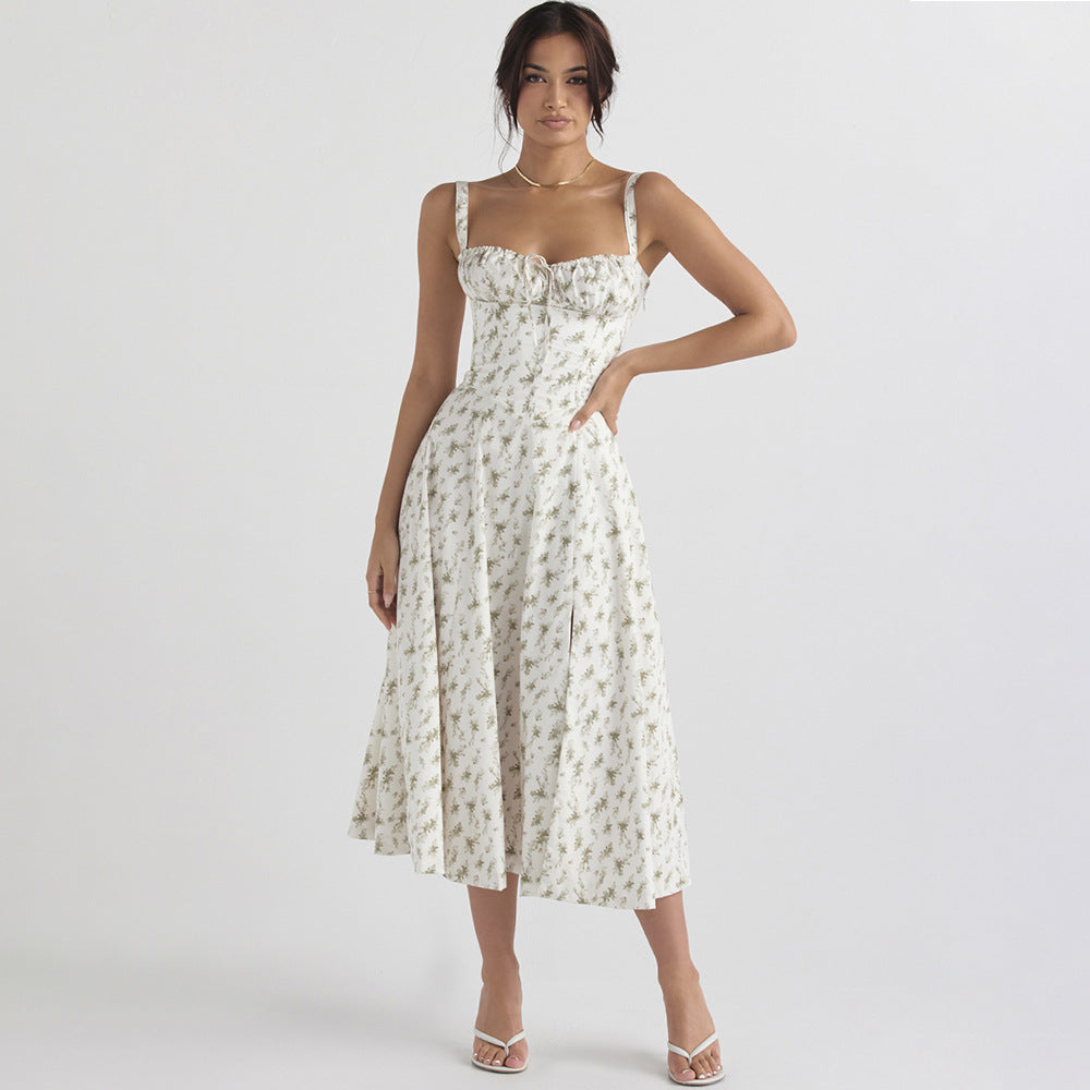 Women Clothing Sexy Backless Slim Fit Strap Dress Vacation Floral Split Mid Length Dress REBECCA