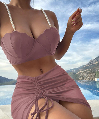 Traje de baño para mujer, conjunto de tres piezas, color sólido, bikini de verano con protección solar