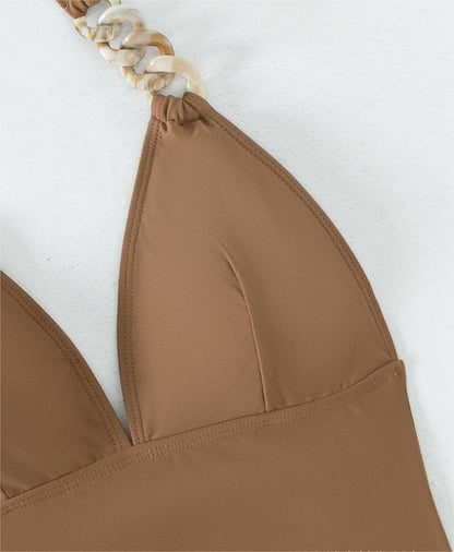 Swimsuit Women Solid Color Chain Shoulder Strap Retro Swimsuit One Piece Swimsuit