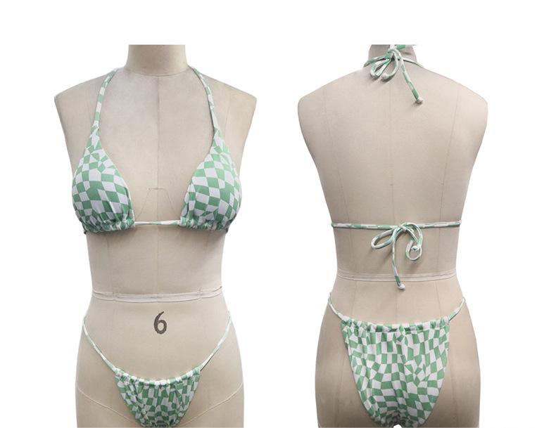 Traje de baño de bikini estilo halter con cordones, sexy, a cuadros, de color liso