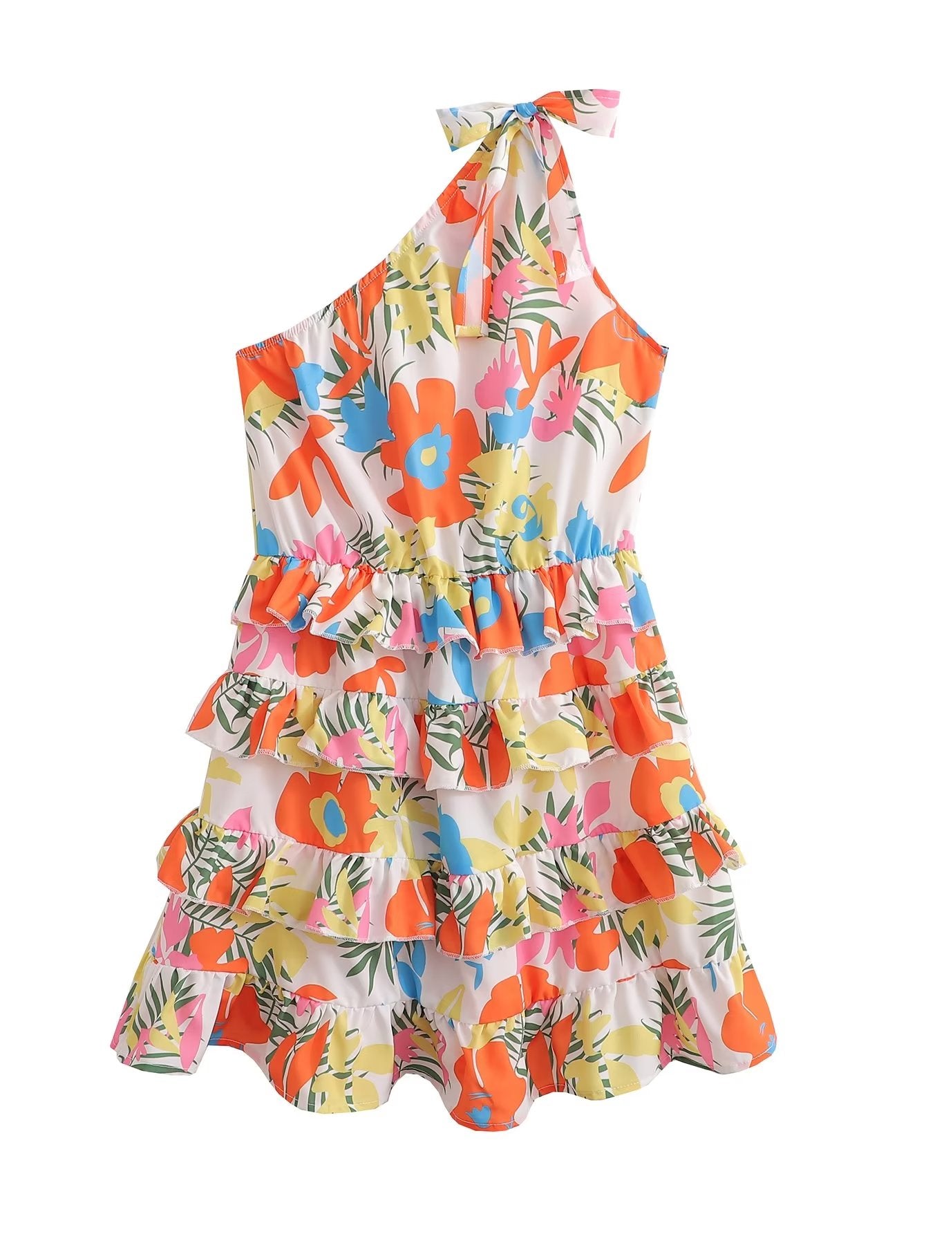 Women Clothing Laminated Decoration Shoulder Lace up One Shoulder Dress Short FRIDAY