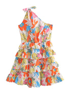 Women Clothing Laminated Decoration Shoulder Lace up One Shoulder Dress Short FRIDAY