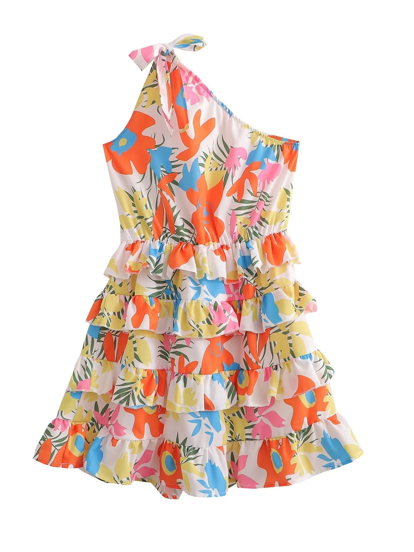 Women Clothing Laminated Decoration Shoulder Lace up One Shoulder Dress Short FRIDAY