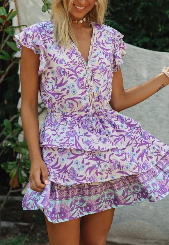 Autumn Winter Women Clothing Short Sleeve Ruffle Sleeve Printed Dress JiaJia