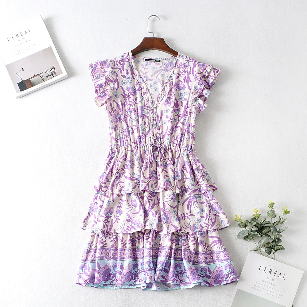 Autumn Winter Women Clothing Short Sleeve Ruffle Sleeve Printed Dress JiaJia