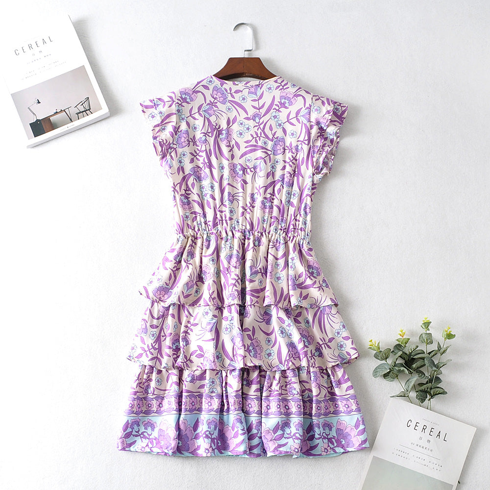 Autumn Winter Women Clothing Short Sleeve Ruffle Sleeve Printed Dress JiaJia