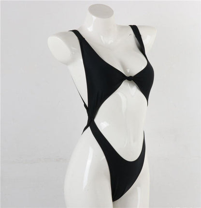 Traje de baño de bikini de color sólido de una pieza con aberturas y espalda abierta sexy