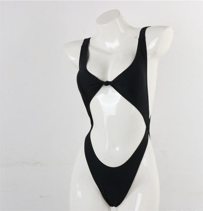Traje de baño de bikini de color sólido de una pieza con aberturas y espalda abierta sexy