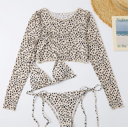 Swimsuit Long Sleeve Mesh Cover Ladies Three Piece Set Swimsuit Leopard Print Sexy Rope Bikini