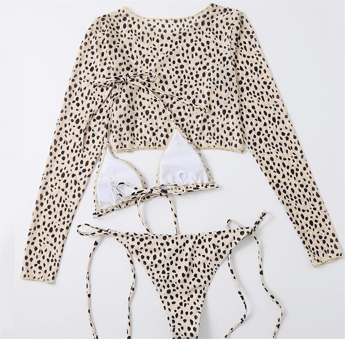 Swimsuit Long Sleeve Mesh Cover Ladies Three Piece Set Swimsuit Leopard Print Sexy Rope Bikini